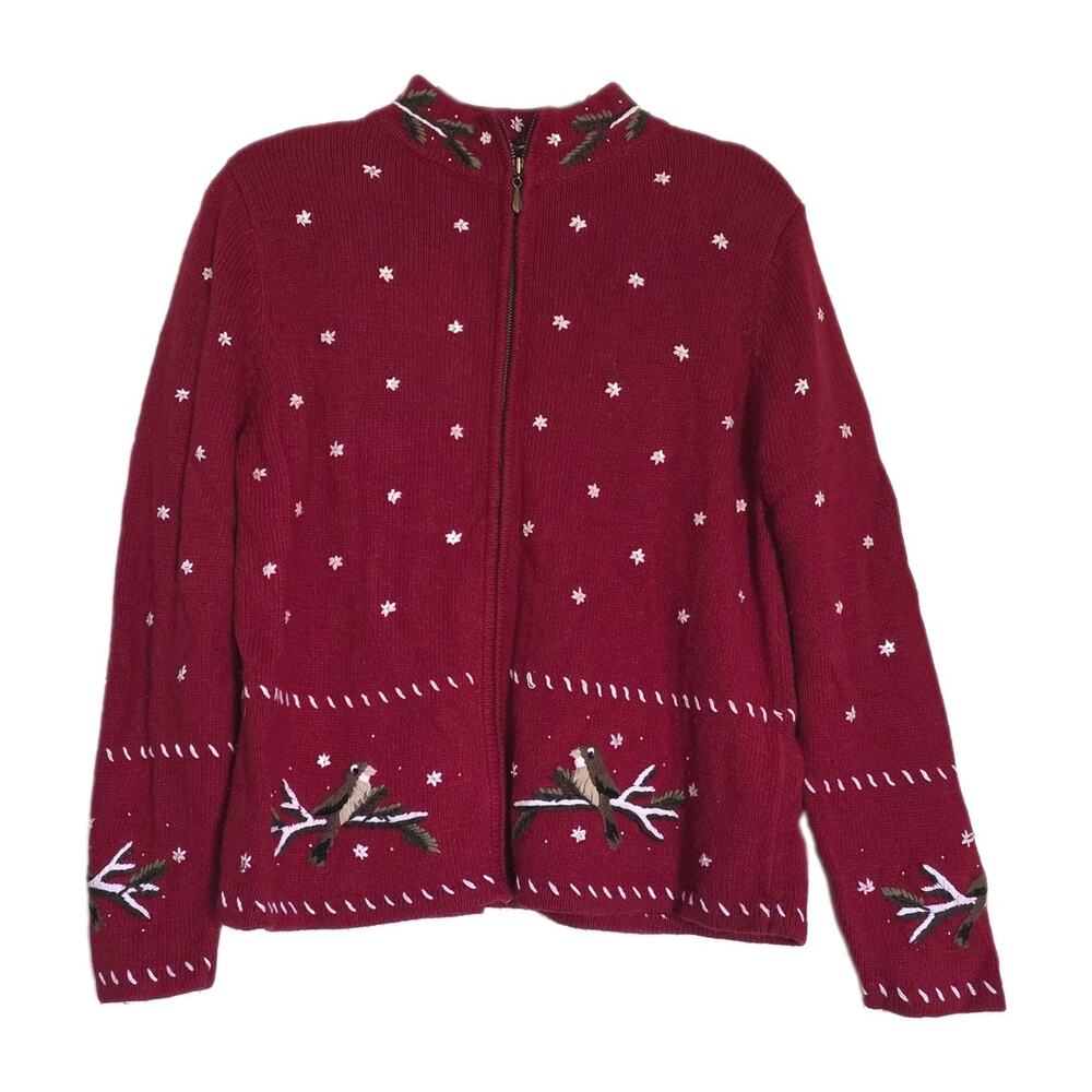 Vintage Winter Bird Full Zip Sweater Womens L Red Wool Blend Cottage Grandma